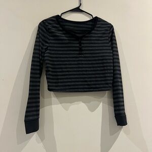Striped Long Sleeve Cropped Henley Top - Black/Grey